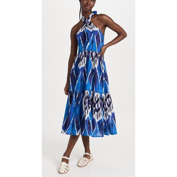 Ro's Garden Henrietta Halter Tie Midi Dress Blue Ikat Cotton Tiered Tuckernuck - Picture 2 of 8